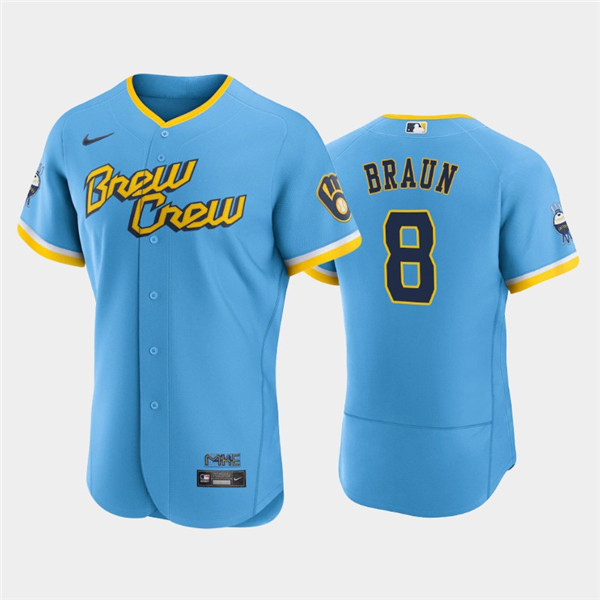 Men's Powder Blue Milwaukee Brewers #8 Ryan Braun 2022 City Connect Flex Base Stitched Jersey